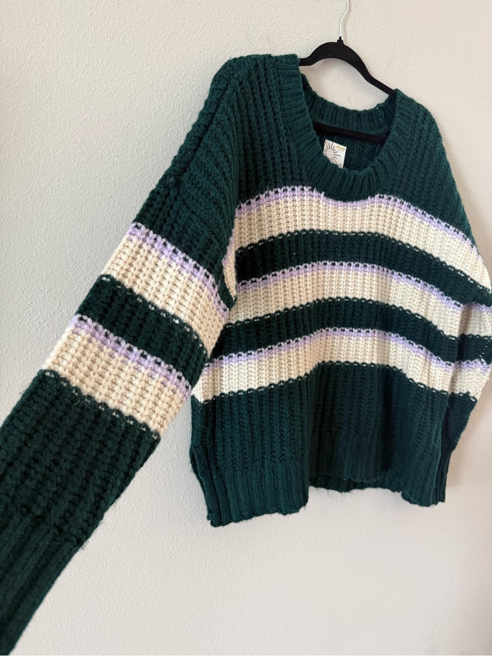 Aerie Bundle Up Pull Over Sweater Oversized Chunky Knit Medium NWT Green Striped - Picture 3 of 6